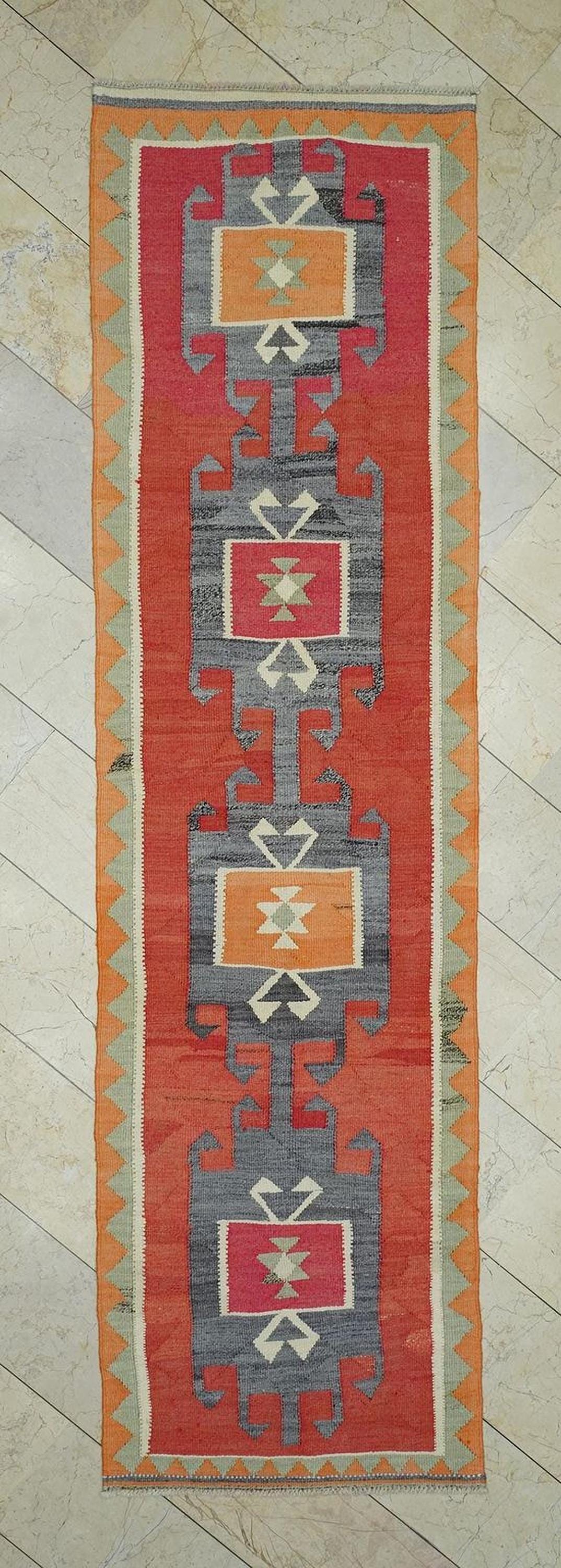 3x11 Wool Turkish Kilim Rug Runner,Minimalist Kitchen Decor Rugs.