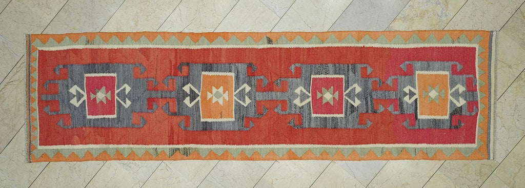 3x11 Wool Turkish Kilim Rug Runner,Minimalist Kitchen Decor Rugs.