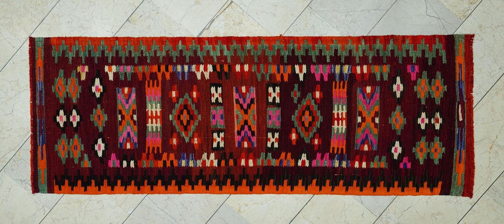 Tribal Kilim Rug Runner: 2.4x6.8 Ft, Small Size Flat Weave Wool Rugs