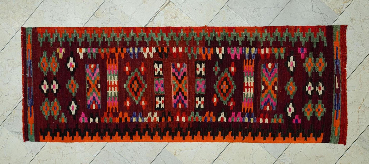 Tribal Kilim Rug Runner: 2.4x6.8 Ft, Small Size Flat Weave Wool Rugs