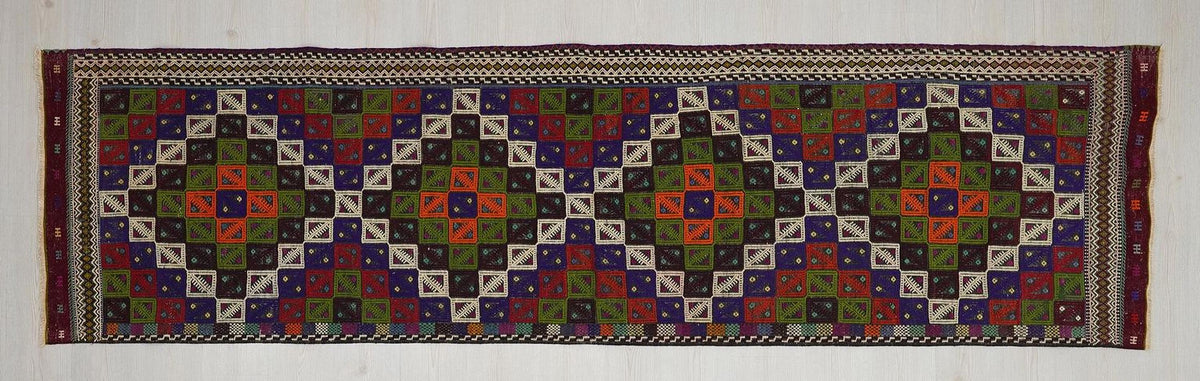 Vintage Turkish Kilim Rug Runner: 3"x11" Embroidered Hallway Rugs
