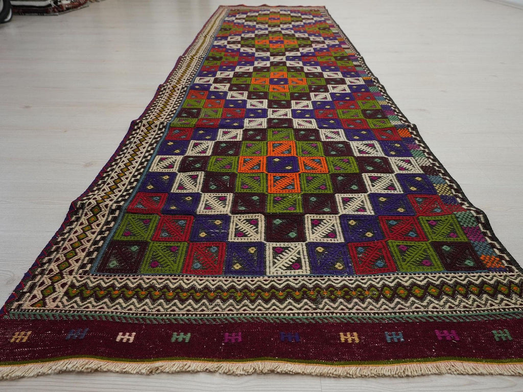 Vintage Turkish Kilim Rug Runner: 3"x11" Embroidered Hallway Rugs