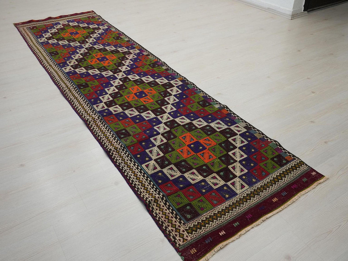 Vintage Turkish Kilim Rug Runner: 3"x11" Embroidered Hallway Rugs
