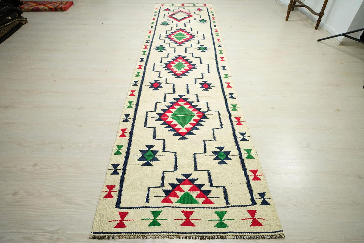 Vintage Kilim Rug Runner: 3x12 Flat Weave Wool, Tribal Hallway Decor