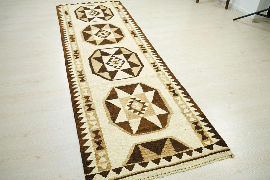 Handmade Wool Kilim Rug Runner: Brown & Cream Flat Weave, 3x9.3 ft