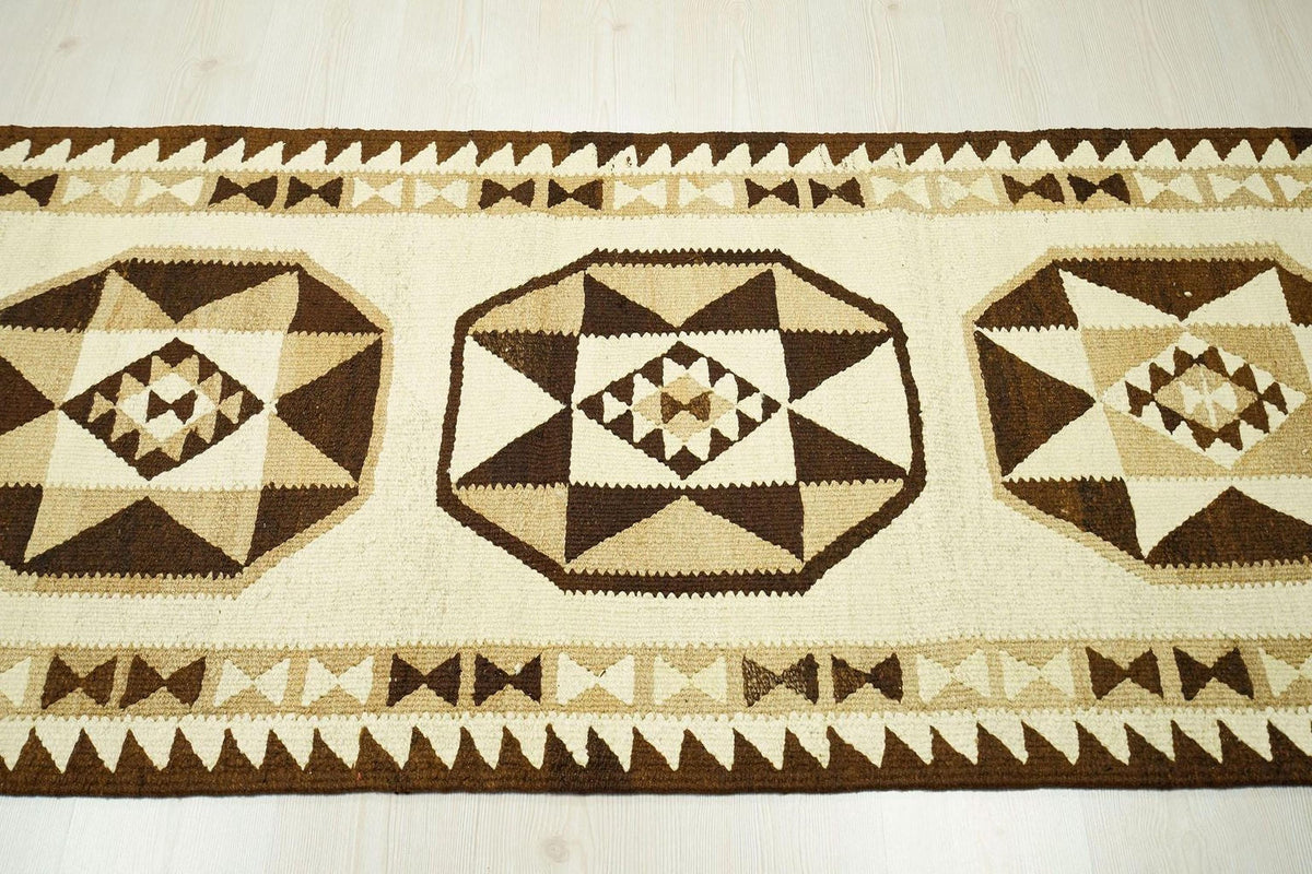 Handmade Wool Kilim Rug Runner: Brown & Cream Flat Weave, 3x9.3 ft