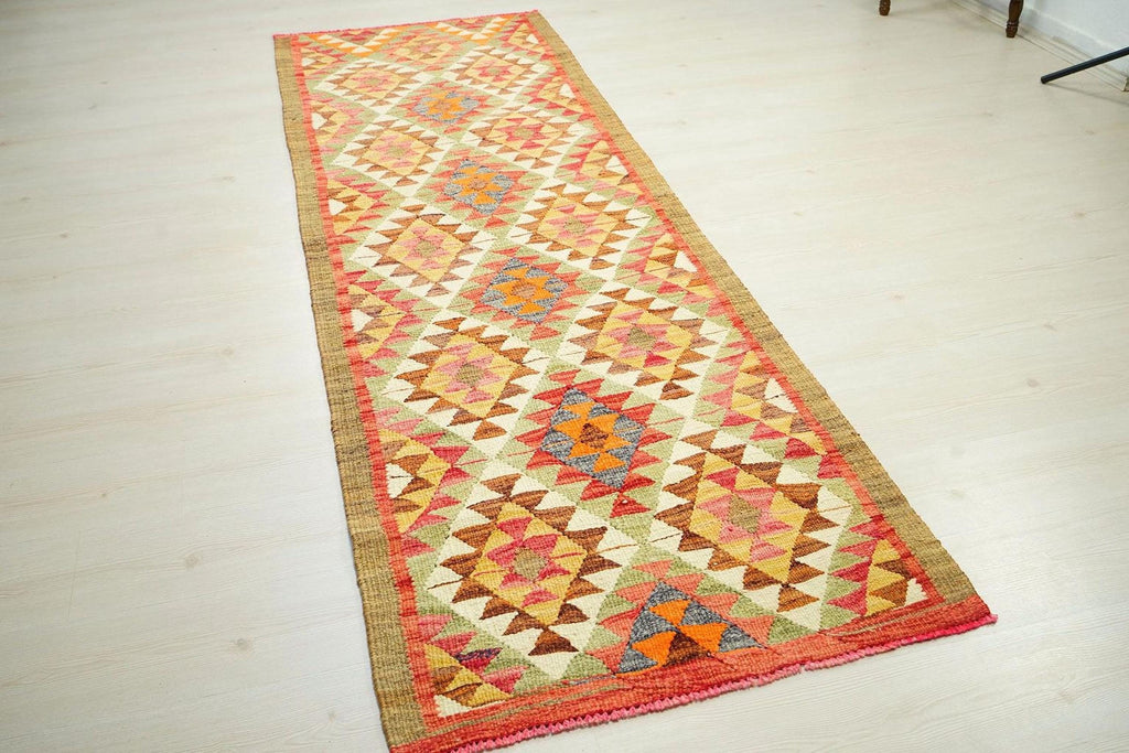 Scandinavian Kilim Rug Runner: Pastel Colors, Handwoven Wool (3x9.3 ft)