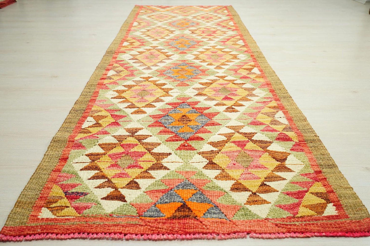 Scandinavian Kilim Rug Runner: Pastel Colors, Handwoven Wool (3x9.3 ft)