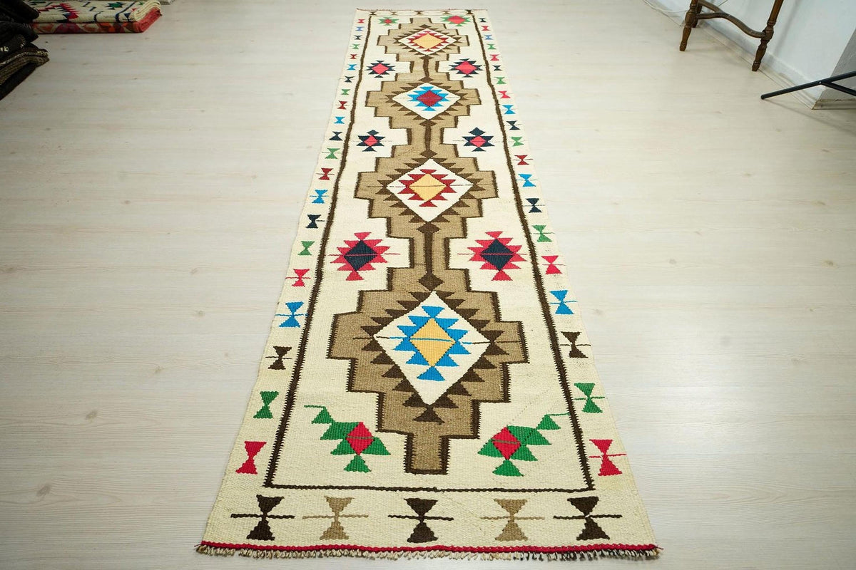 Vintage Turkish Kilim Rug Runner: 3x12 Flat Weave Wool Hallway Decor