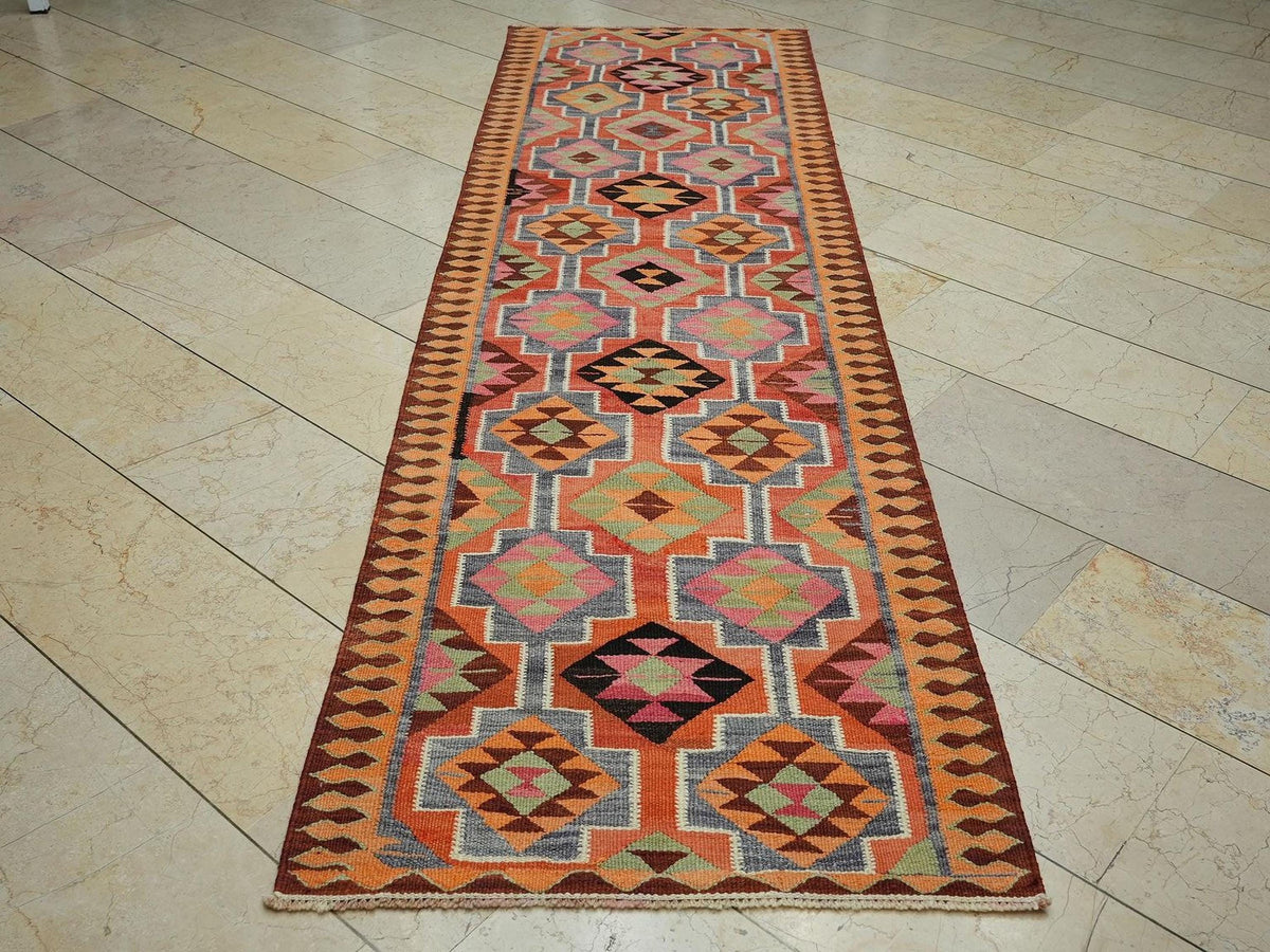 Vintage Turkish Kilim Rug Runner: 3"x10" Flat Weave Wool, Bohemian Ethnic Decor