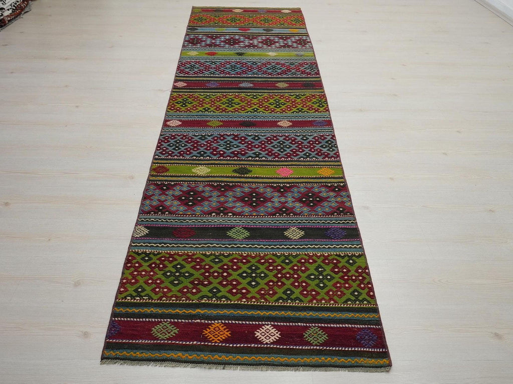 Vintage Turkish Kilim Rug Runner: 2.8"x10.3' Feet,Stripe Pattern Area Rugs.