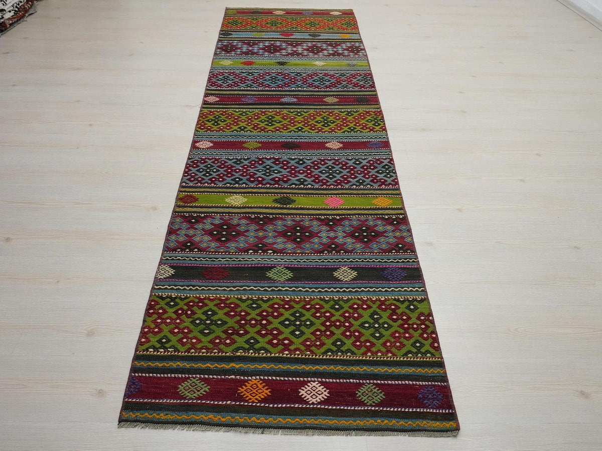 Vintage Turkish Kilim Rug Runner: 2.8"x10.3' Feet,Stripe Pattern Area Rugs.