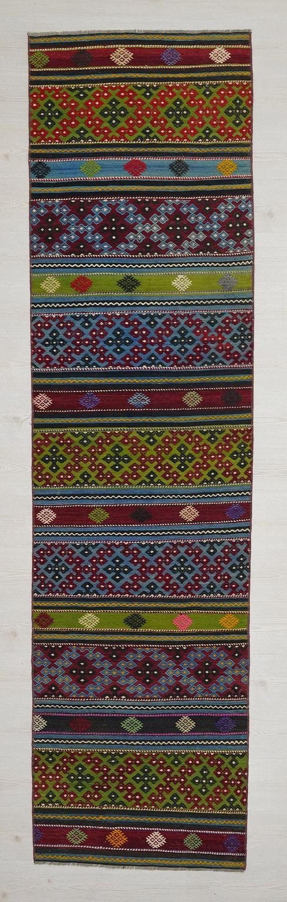 Vintage Turkish Kilim Rug Runner: 2.8"x10.3' Feet,Stripe Pattern Area Rugs.
