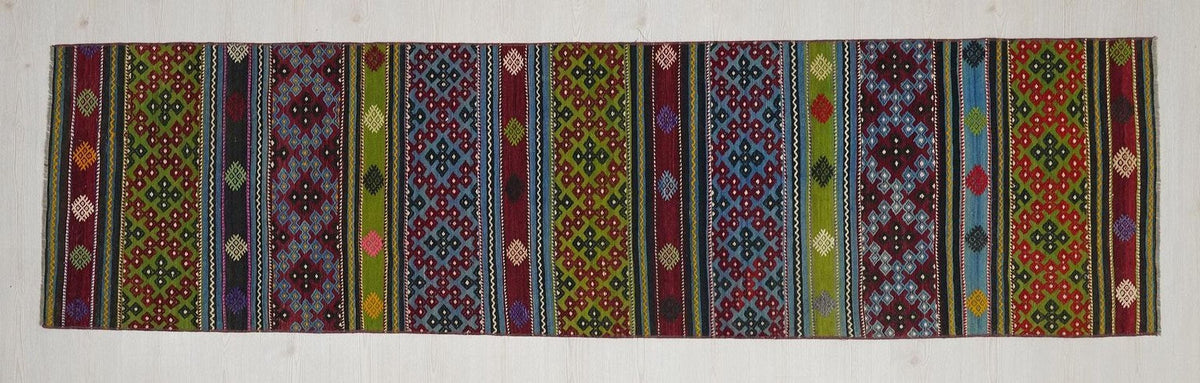 Vintage Turkish Kilim Rug Runner: 2.8"x10.3' Feet,Stripe Pattern Area Rugs.