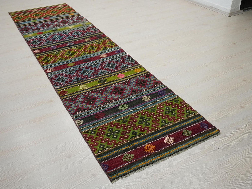 Vintage Turkish Kilim Rug Runner: 2.8"x10.3' Feet,Stripe Pattern Area Rugs.