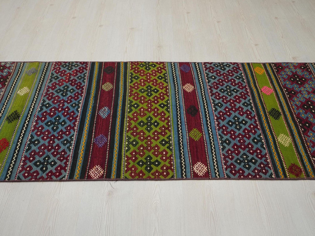 Vintage Turkish Kilim Rug Runner: 2.8"x10.3' Feet,Stripe Pattern Area Rugs.