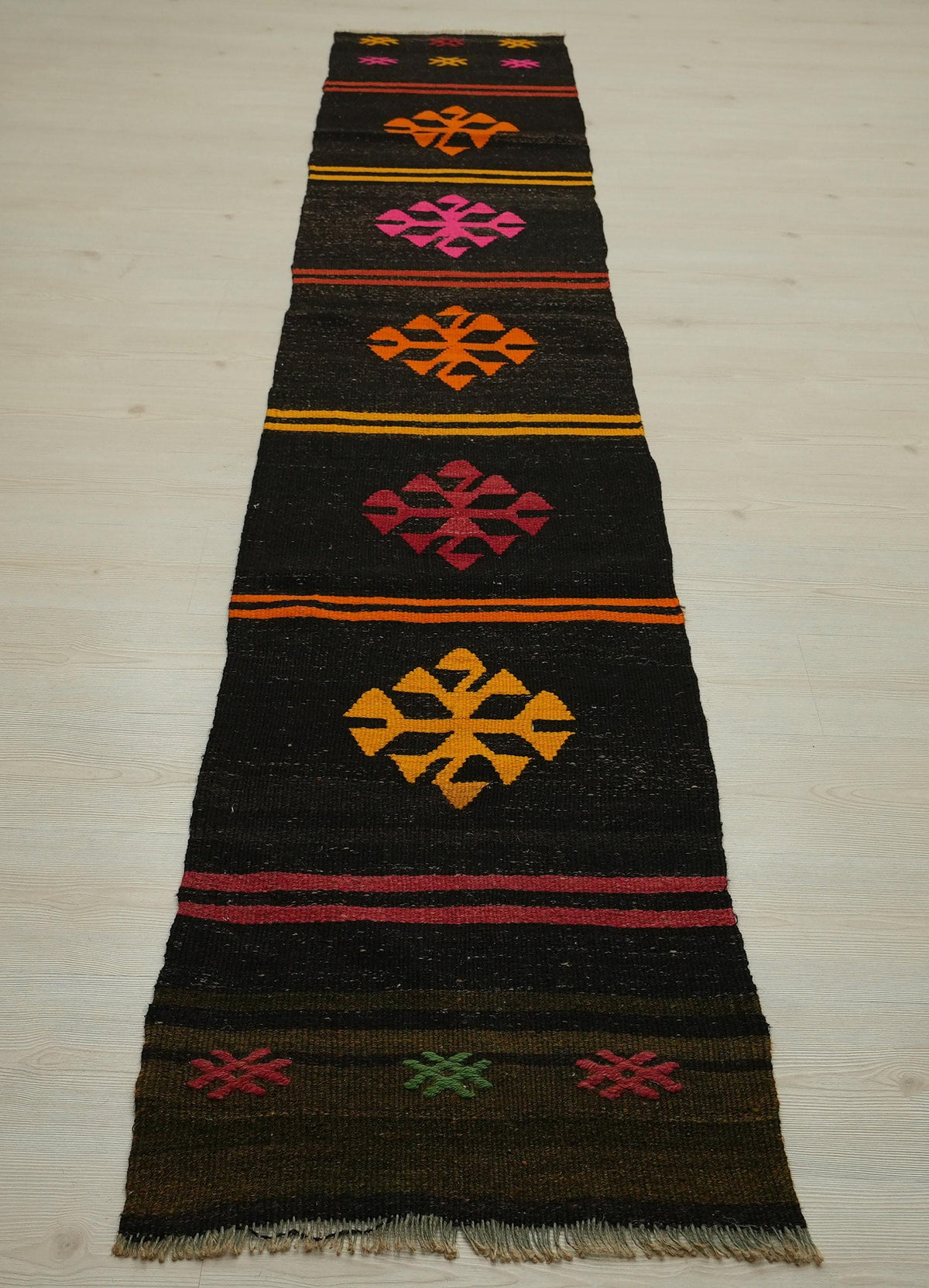 Dark Brown Goat Hair Kilim Rug Runner: 2"x10.9" Vintage Turkish Hallway Decor Rugs