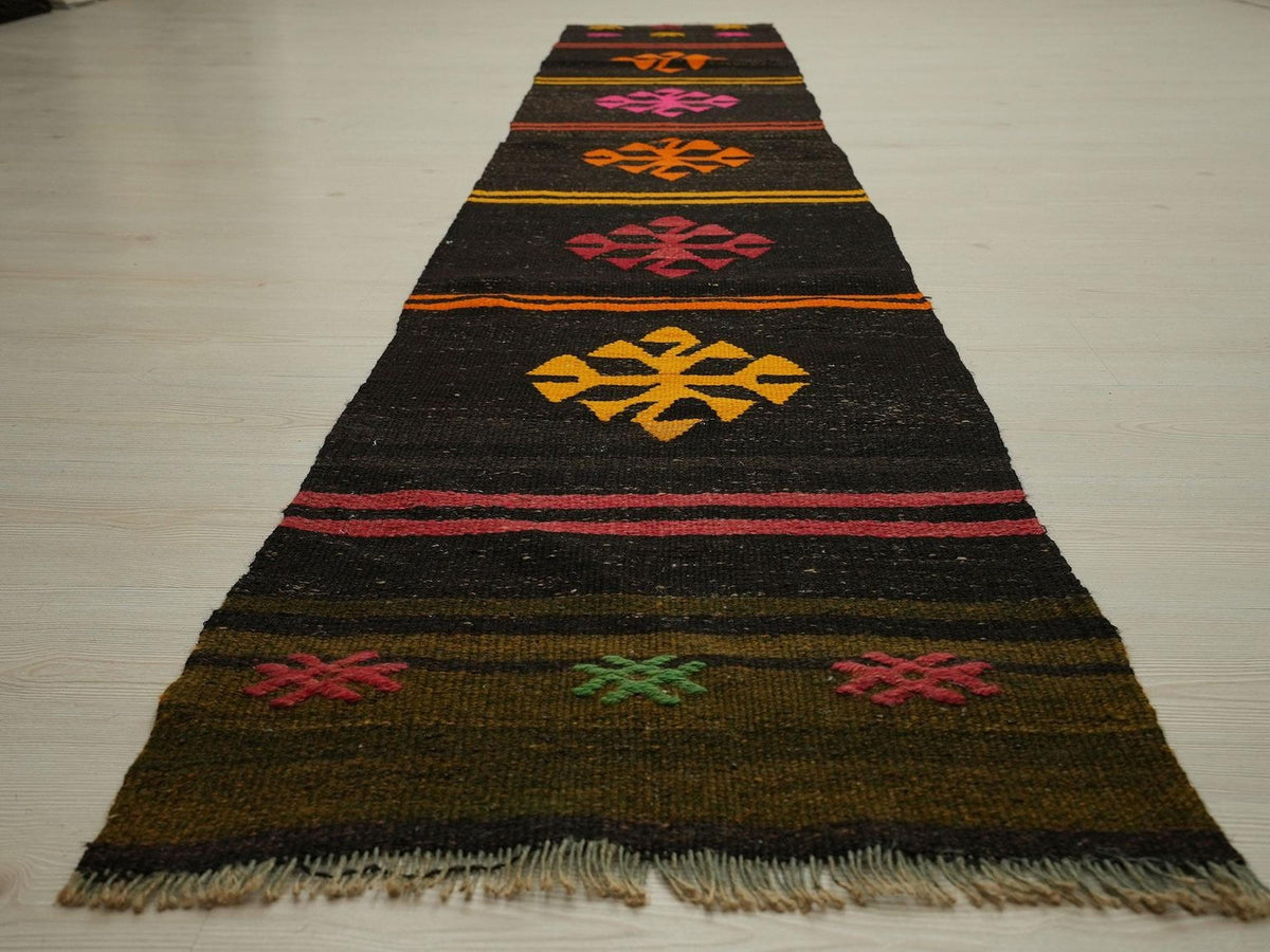 Dark Brown Goat Hair Kilim Rug Runner: 2"x10.9" Vintage Turkish Hallway Decor Rugs