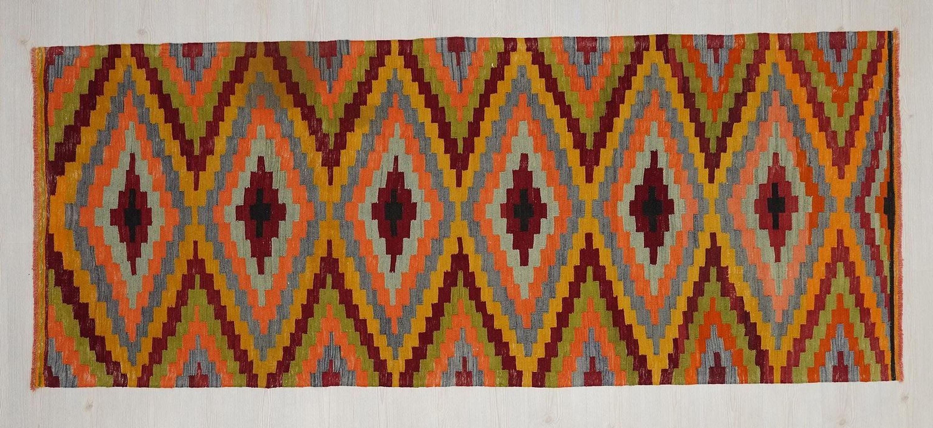 Handmade Turkish Kilim Rug Runner: Orange Flat Weave Hallway Decor (3,10"x9,7" Feet)
