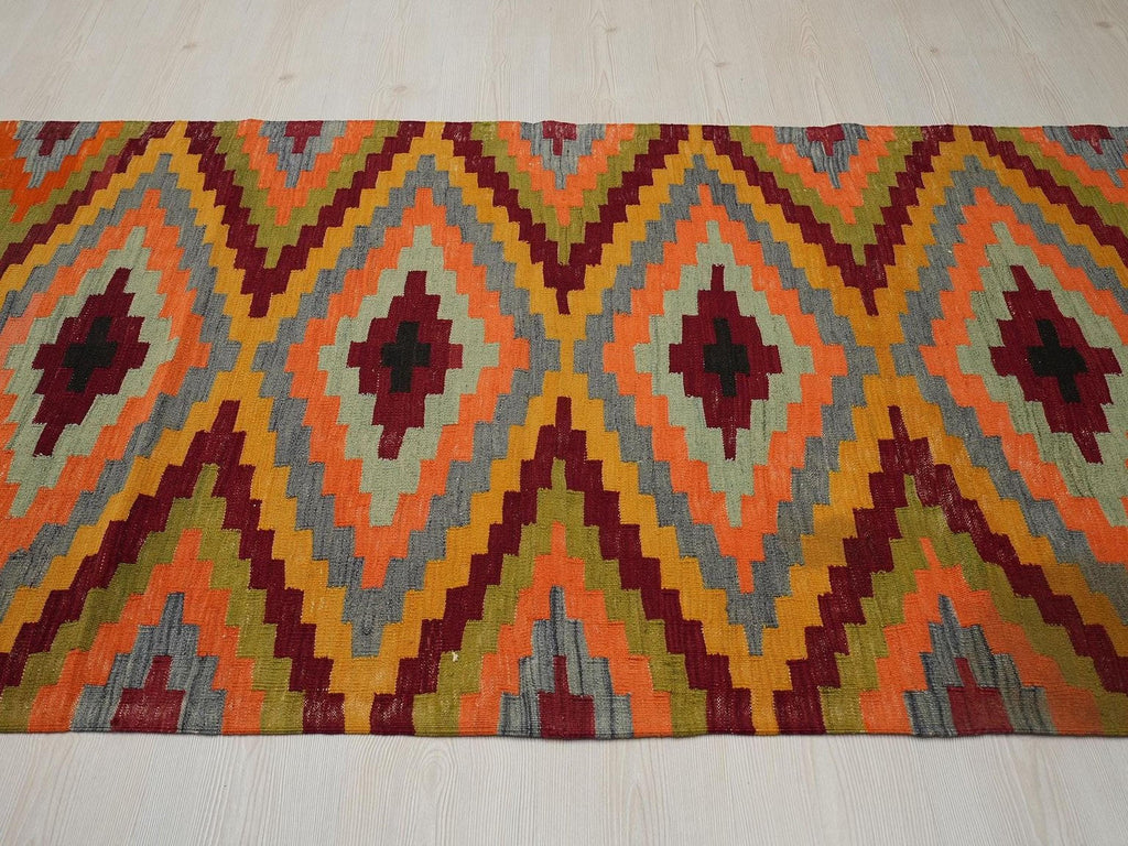 Handmade Turkish Kilim Rug Runner: Orange Flat Weave Hallway Decor (3,10"x9,7" Feet)