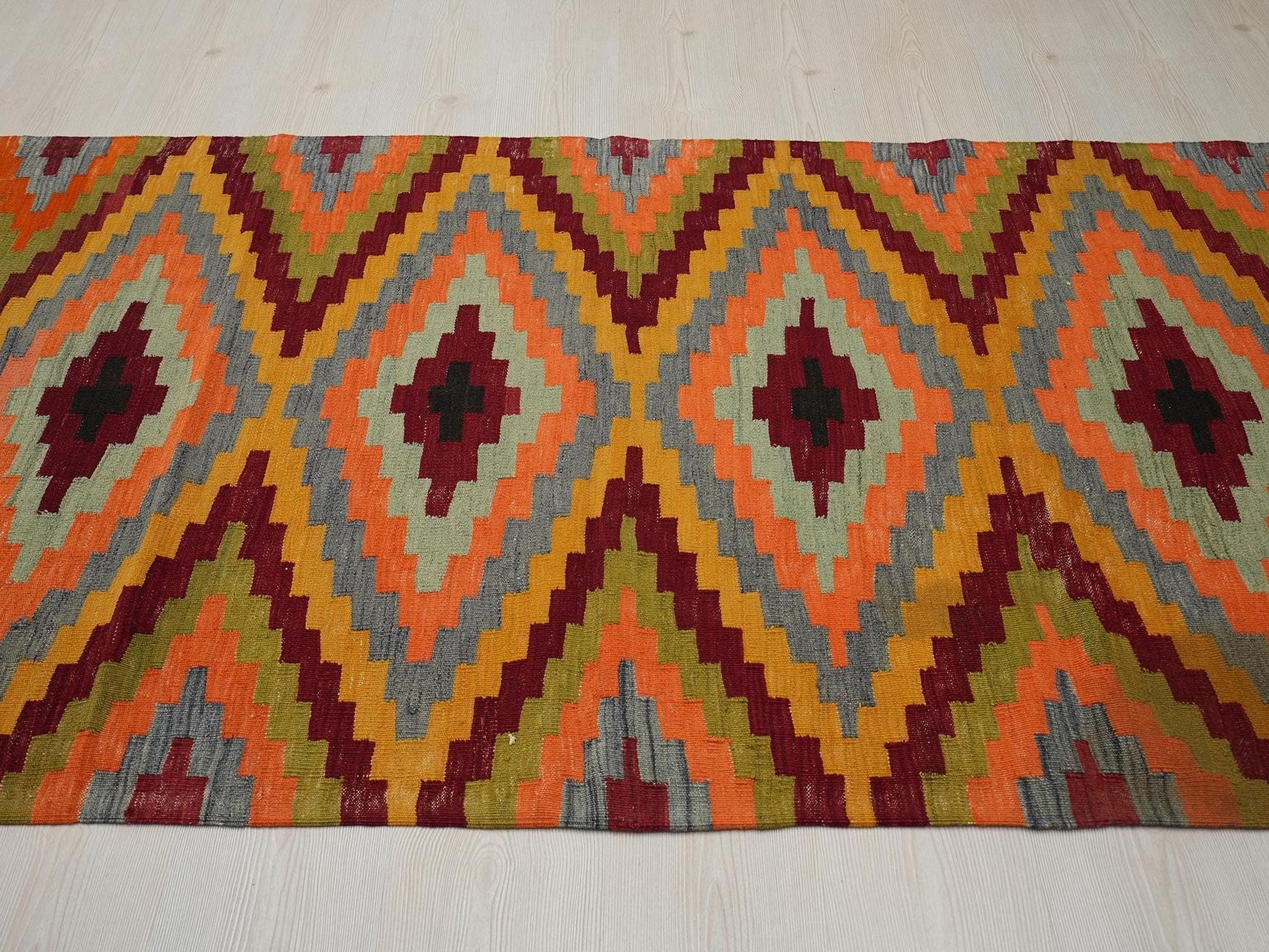 Handmade Turkish Kilim Rug Runner: Orange Flat Weave Hallway Decor (3,10"x9,7" Feet)