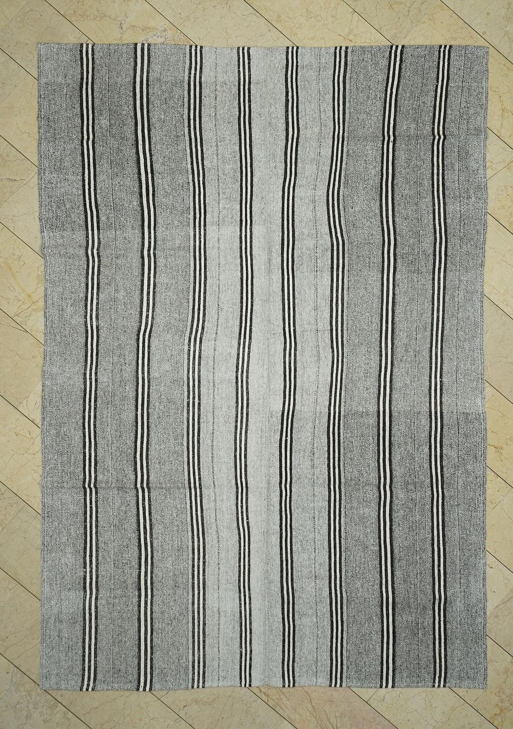 Scandinavian Style: Black Stripe Natural Gray Kilim Rug 7x10.2 Flat Woven Turkish Rugs