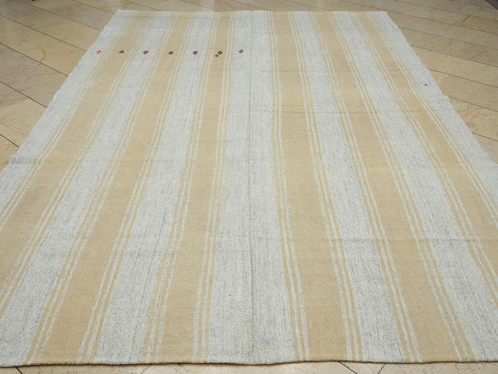Summer Decor Terra-Cotta Striped ivory Turkish Kilim Rug: 7x11 Life Line Pattern Modern Rugs.
