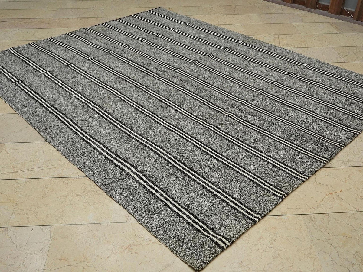 Striped Gray Kilim Rug: Modern Turkish Flatweave (6,11"x8,8" Feet)