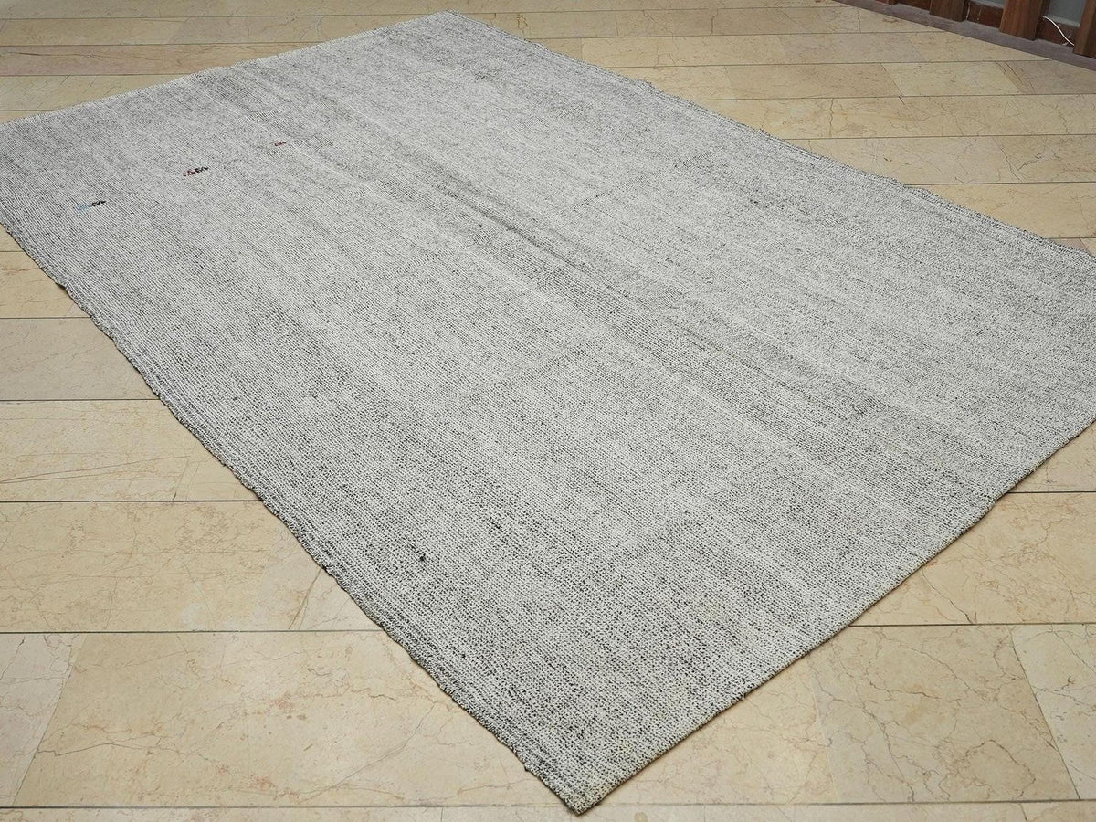 Gray Turkish Kilim Rug: 6.3"x9.8" Feet, Vintage Flat Woven Floor Decor Rugs.