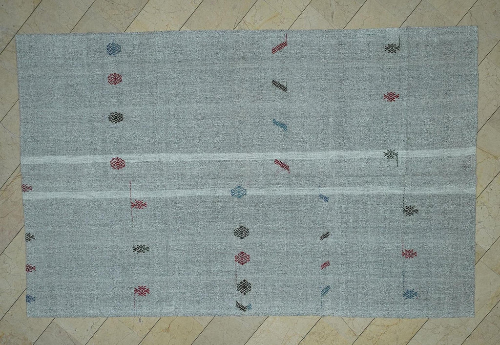 Flat Woven Embroidered Kilim Rug: Gray & White Turkish Nomadic Rugs, 7x11 ft.