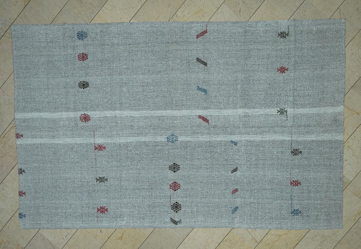 Flat Woven Embroidered Kilim Rug: Gray & White Turkish Nomadic Rugs, 7x11 ft.