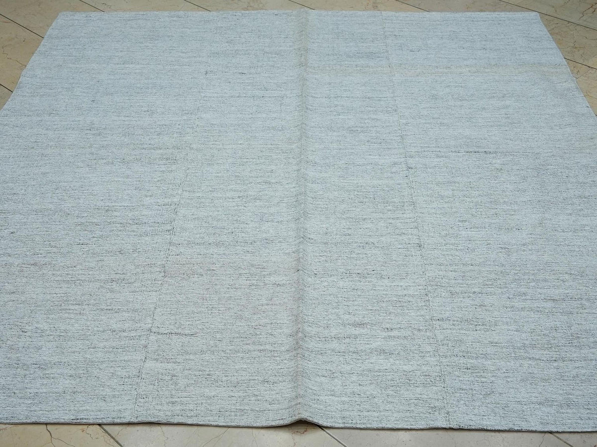 Square Size Grayish White Patchwork Kilim Rug,6.4x6.7 Ft,Primitive Decor Plain Rugs.