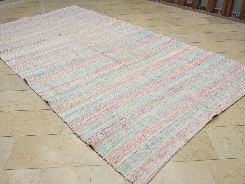 Handmade Turkish Kilim Rug: Minimalist Stripe Rag Rugs (6,1"x11,5" Feet)