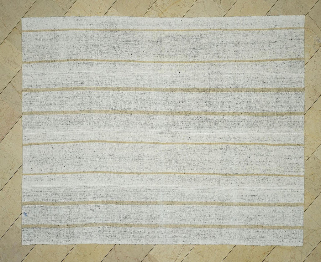 Mid Century Modern Striped Kilim Rug: Ivory & Light Brown, 7.4"x9.2"