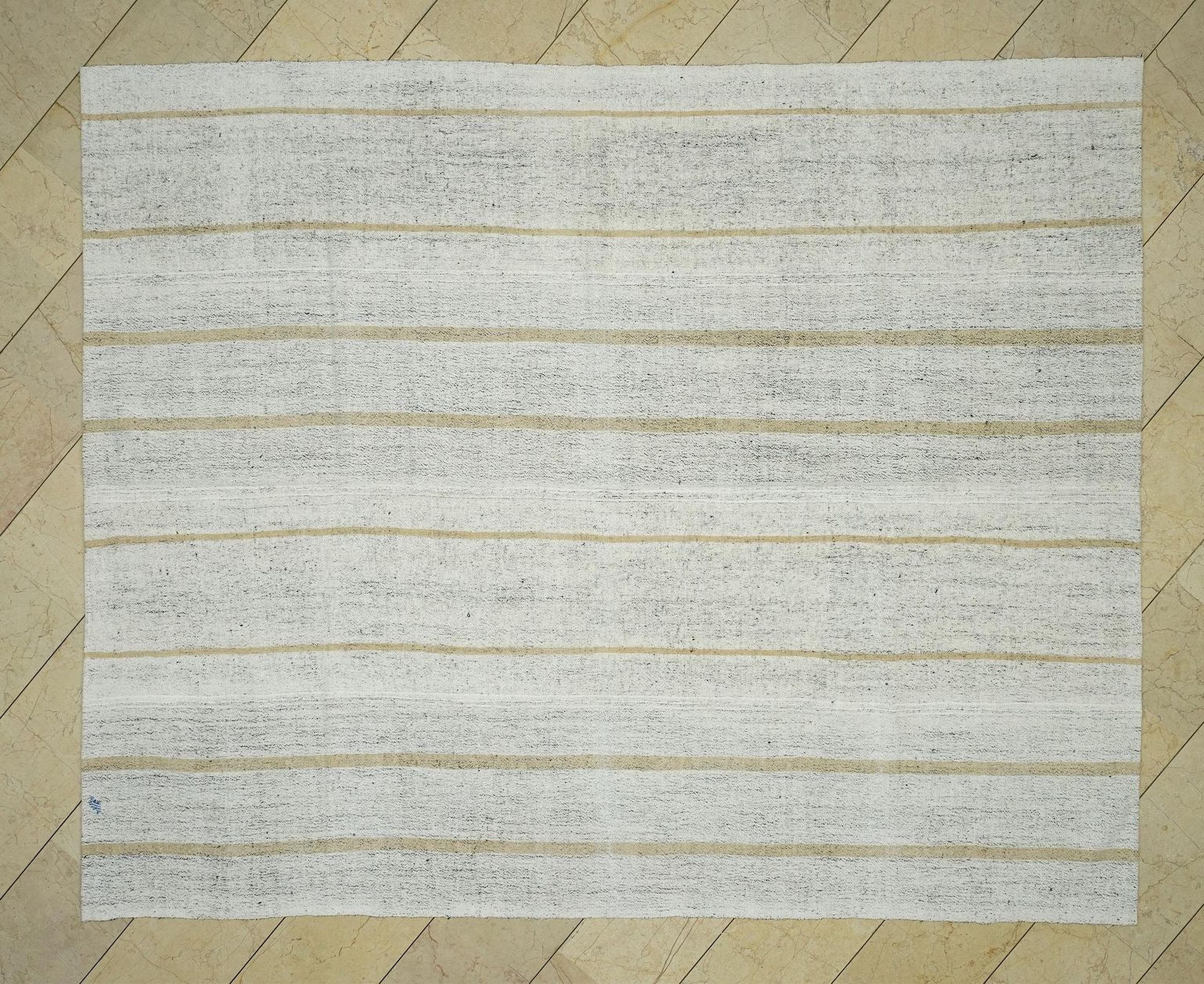 Mid Century Modern Striped Kilim Rug: Ivory & Light Brown, 7.4"x9.2"