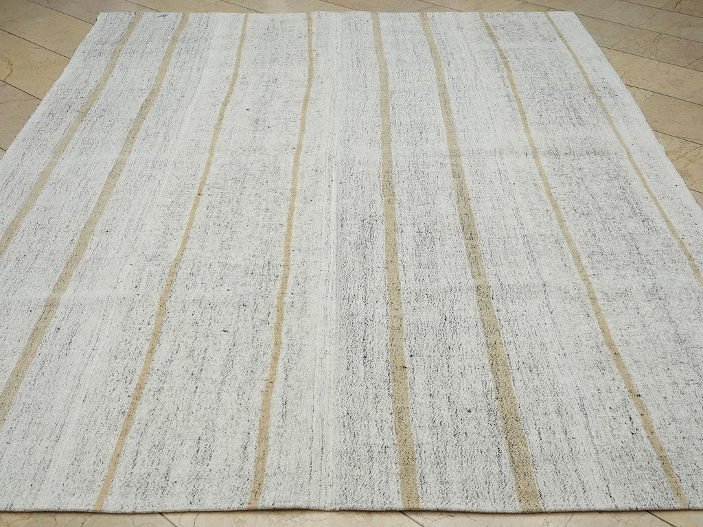 Mid Century Modern Striped Kilim Rug: Ivory & Light Brown, 7.4"x9.2"