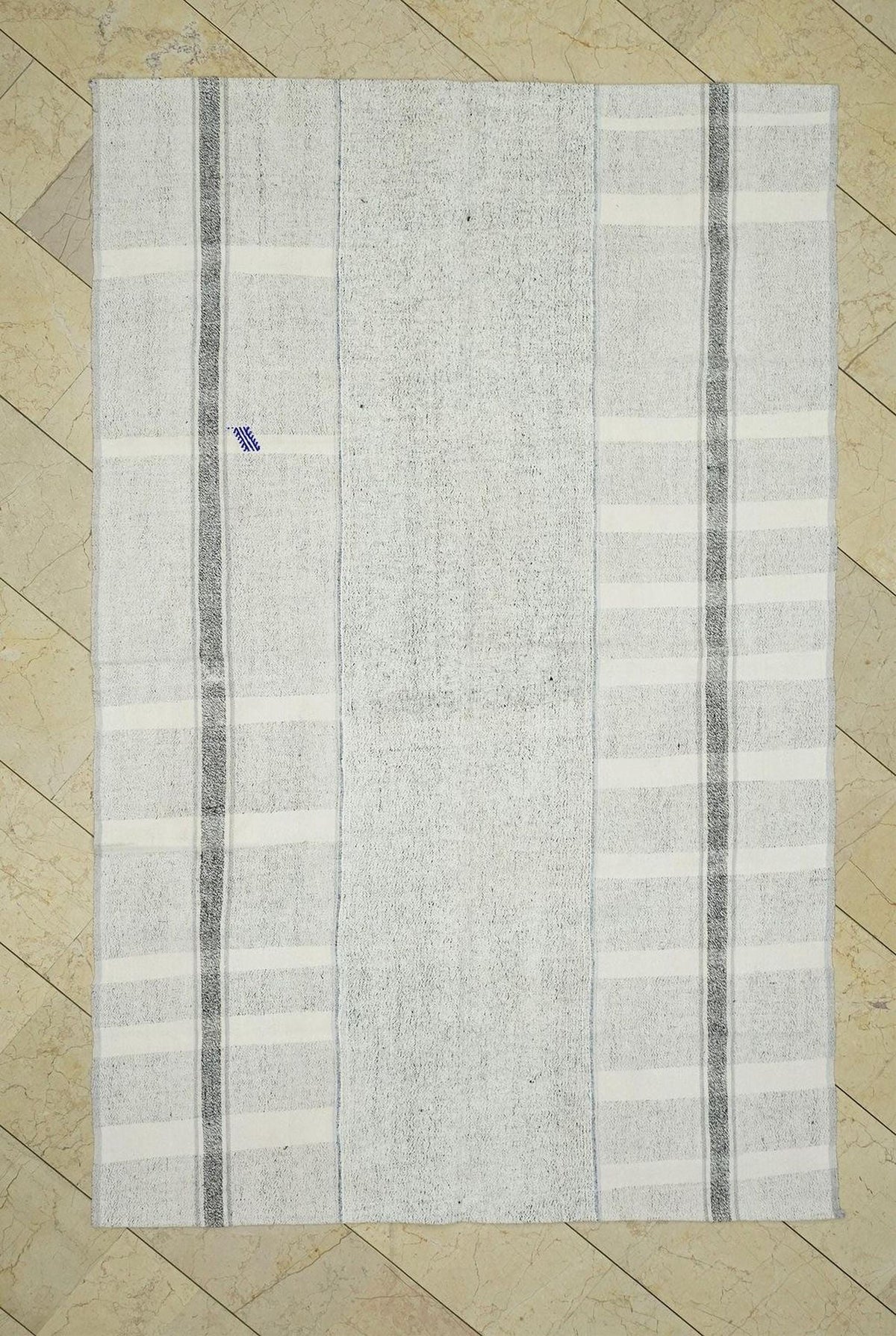 Striped Turkish Kilim Rug: White and Gray Flat Weave (5,3"x8,3")