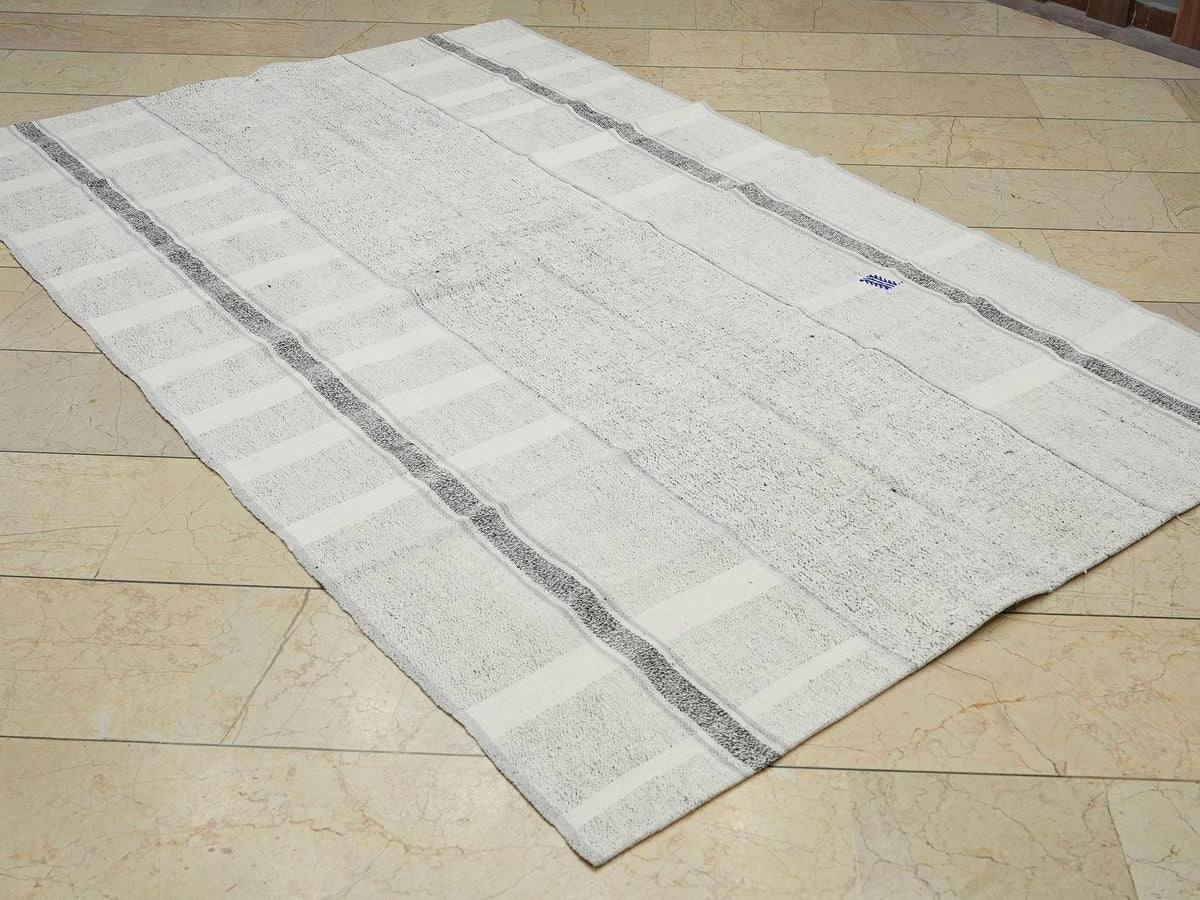 Striped Turkish Kilim Rug: White and Gray Flat Weave (5,3"x8,3")