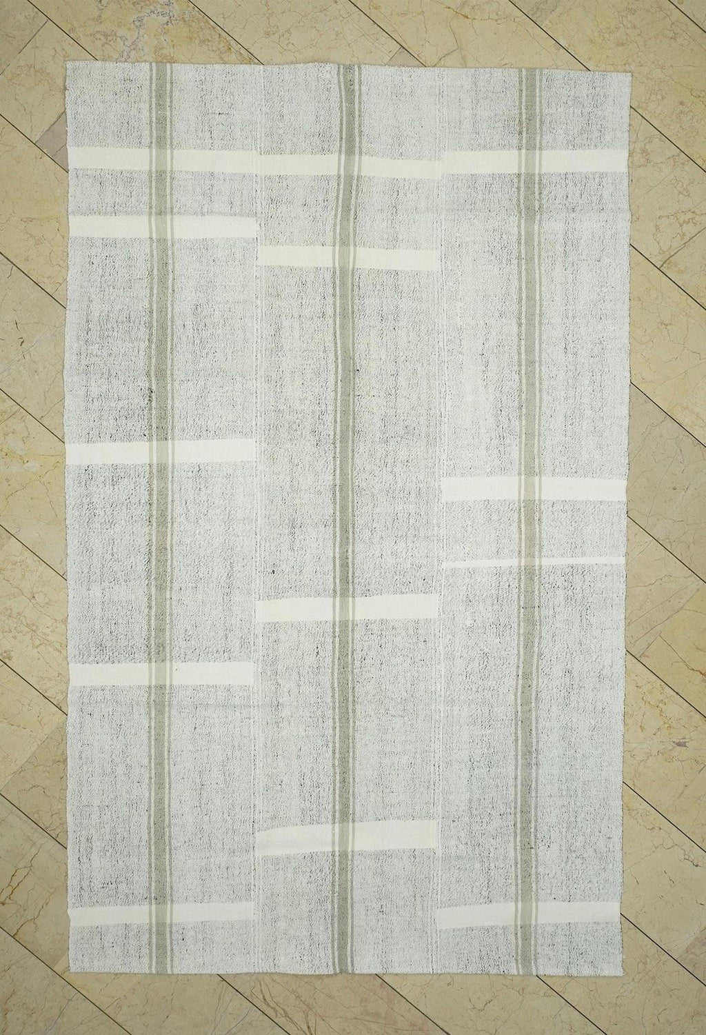 Ivory Striped Kilim Rug: 5.4"x9' Vintage Turkish Rugs