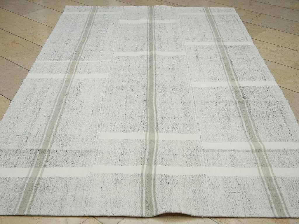 Ivory Striped Kilim Rug: 5.4"x9' Vintage Turkish Rugs