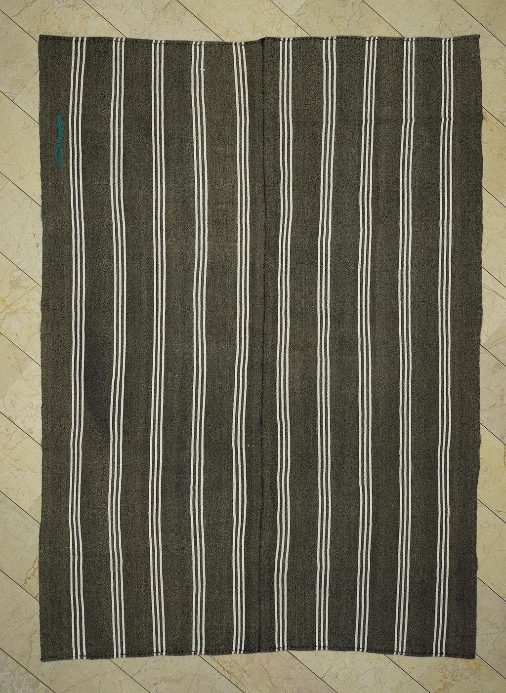 Vintage Turkish Kilim Rug: White Stripe, Dark Gray Rugs, 7.3"x10.3" Feet.