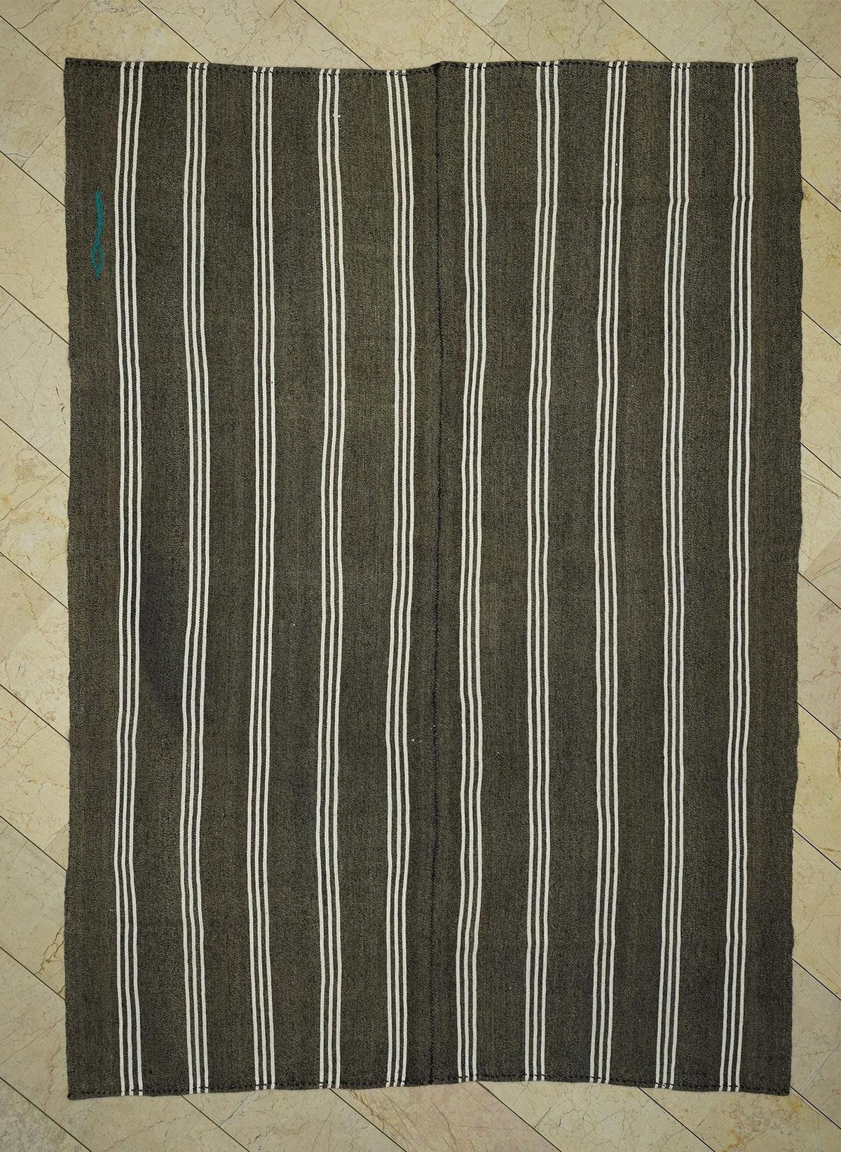Vintage Turkish Kilim Rug: White Stripe, Dark Gray Rugs, 7.3"x10.3" Feet.
