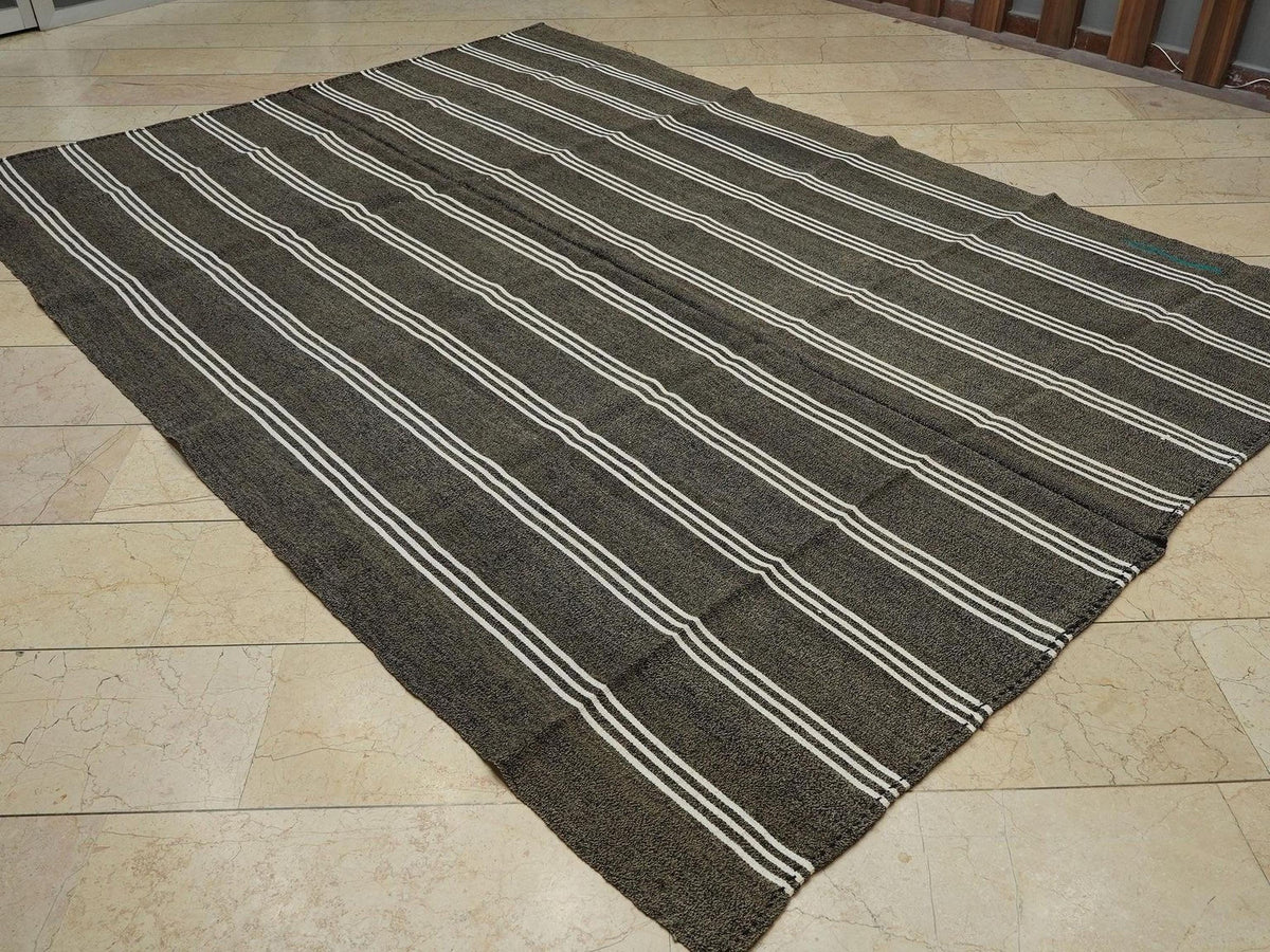 Vintage Turkish Kilim Rug: White Stripe, Dark Gray Rugs, 7.3"x10.3" Feet.