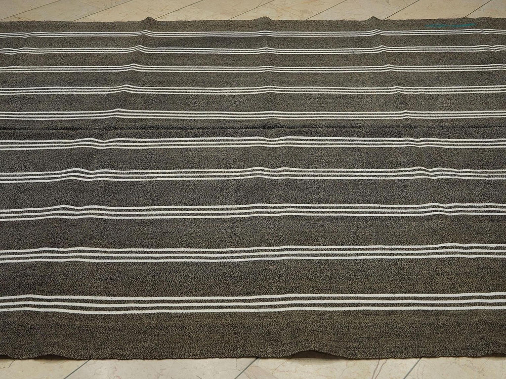 Vintage Turkish Kilim Rug: White Stripe, Dark Gray Rugs, 7.3"x10.3" Feet.