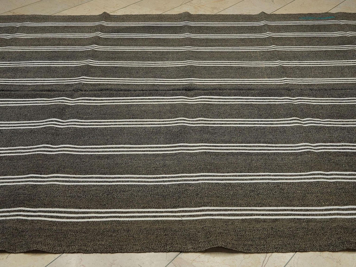 Vintage Turkish Kilim Rug: White Stripe, Dark Gray Rugs, 7.3"x10.3" Feet.