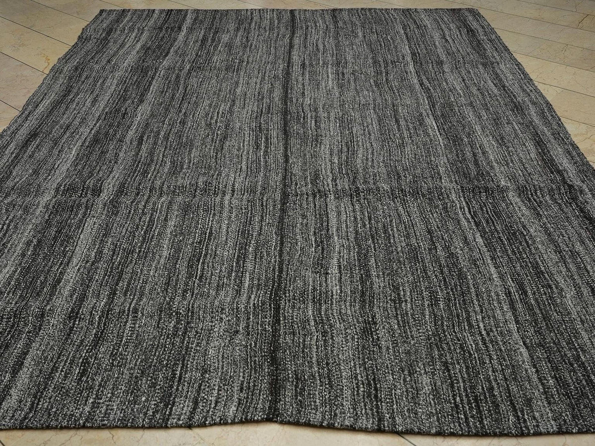 Skewed Striped Primitive Pattern: Large Dark Gray Old Turkish Kilim Rug 8x10,Collectible Rugs.