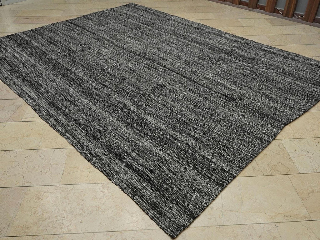 Skewed Striped Primitive Pattern: Large Dark Gray Old Turkish Kilim Rug 8x10,Collectible Rugs.