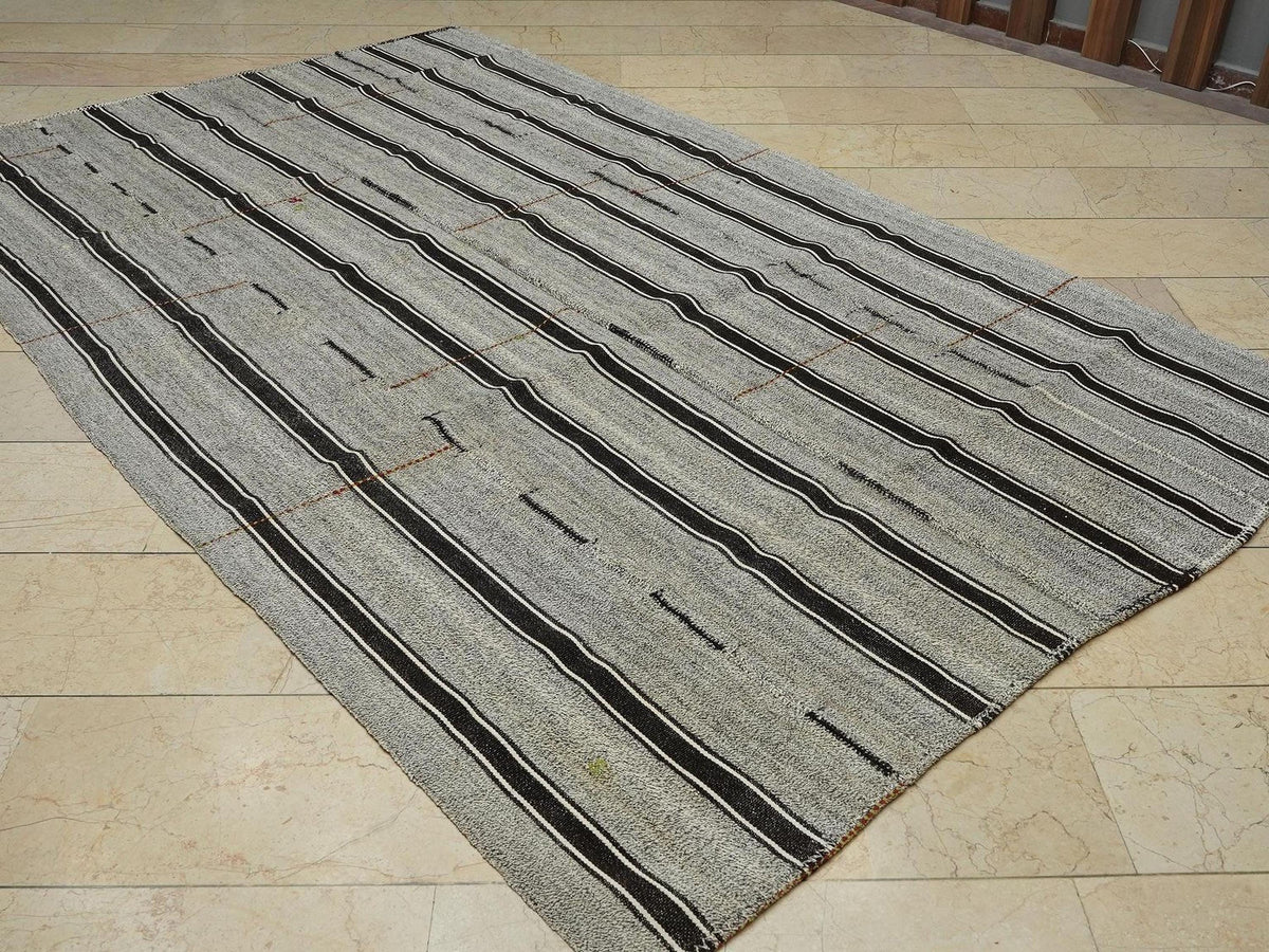 Vintage Turkish Kilim Rug: Black Stripe Gray Farmhouse Decor (6,3x10,1 Feet)