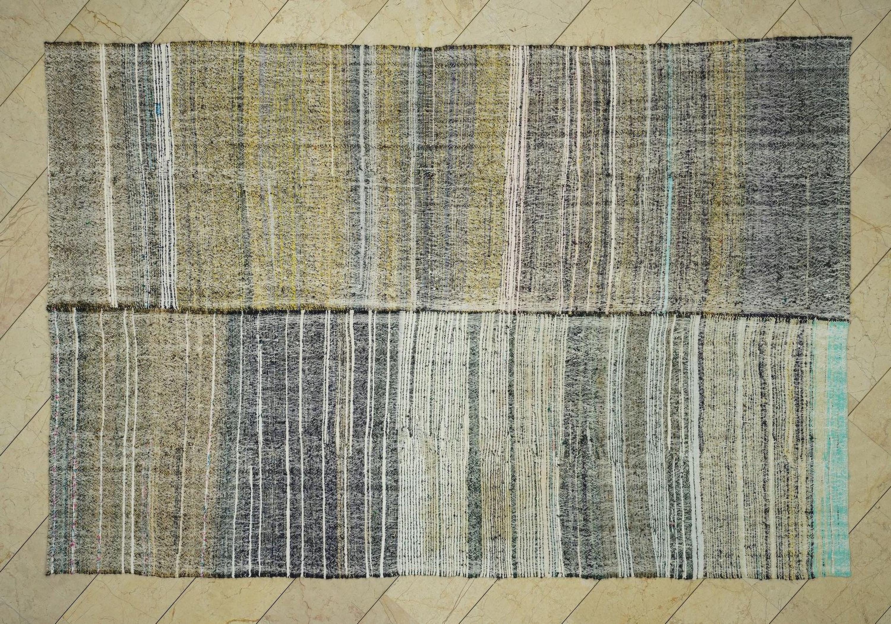 Large Turkish Kilim Rug: 7"x10,7" Ft, Mid Century Modern Gray Flat Weave Rugs.
