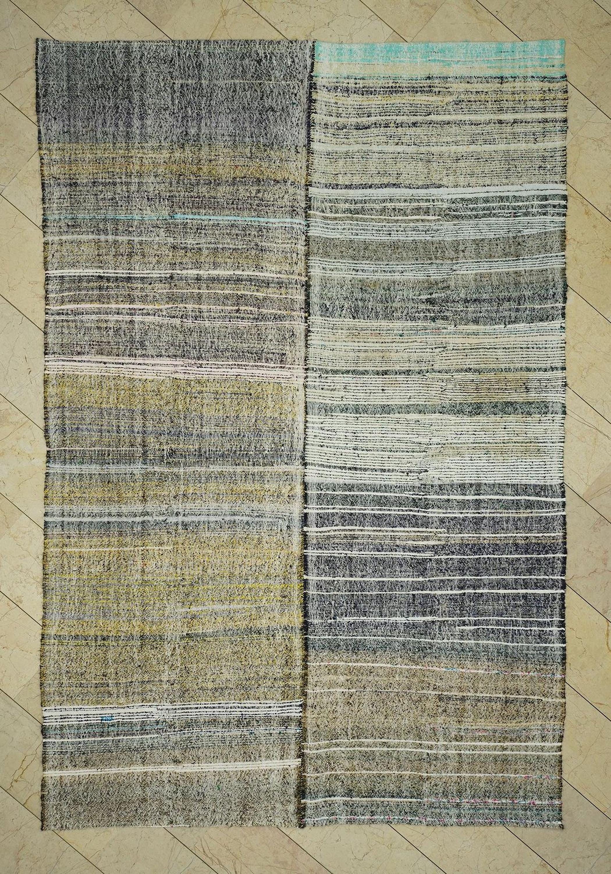 Large Turkish Kilim Rug: 7"x10,7" Ft, Mid Century Modern Gray Flat Weave Rugs.
